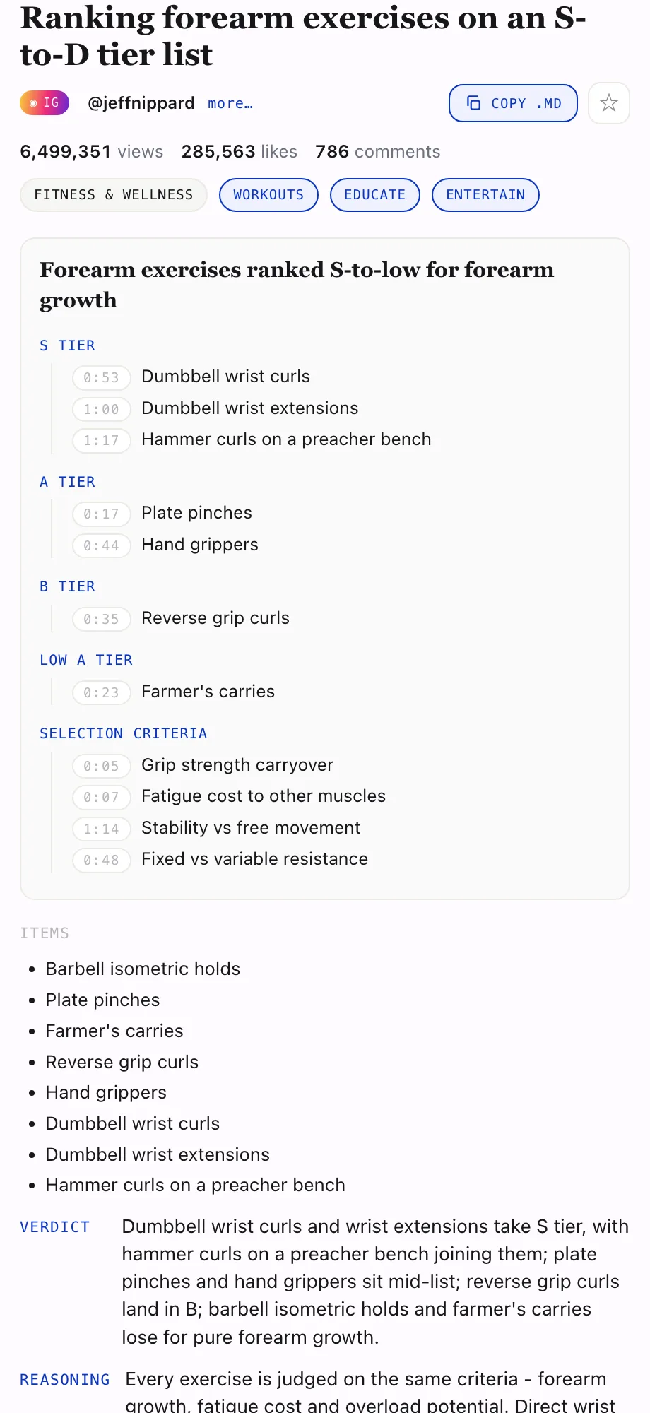 Brief for “Ranking forearm exercises on an S-to-D tier list” by @jeffnippard — S, A, B and Low A tiers with per-step timestamps.
