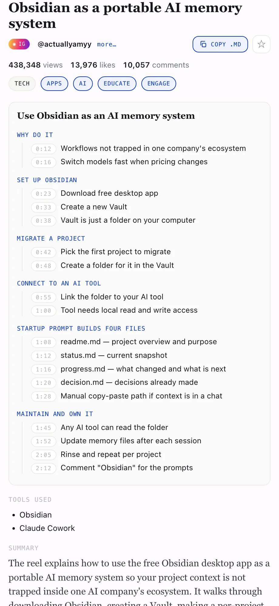 Brief for “Obsidian as a portable AI memory system” by @actuallyamyy — titled sections with timestamped steps.