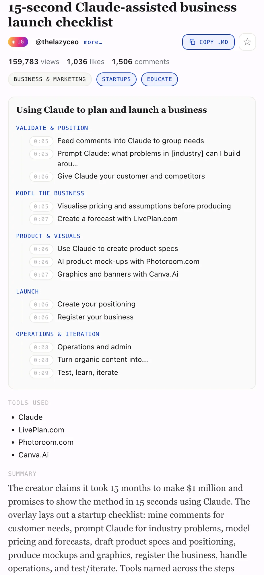 Brief for “15-second Claude-assisted business launch checklist” by @thelazyceo — validate, model, product, launch and operations sections.