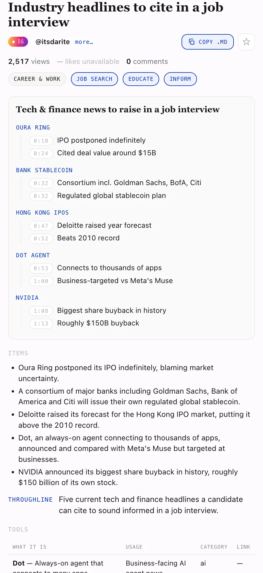 Brief for “Industry headlines to cite in a job interview” by @itsdarite — five headline groups with timestamps.