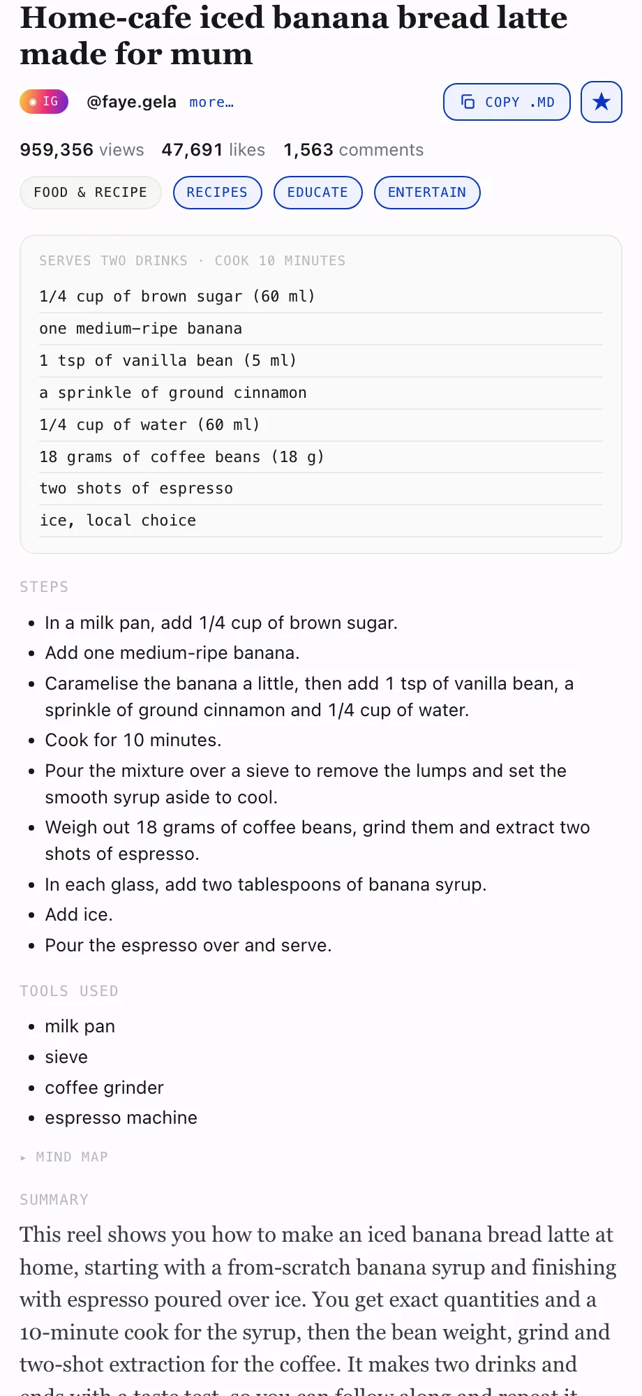 Brief for “Home-cafe iced banana bread latte made for mum” by @faye.gela — ingredients and numbered steps.