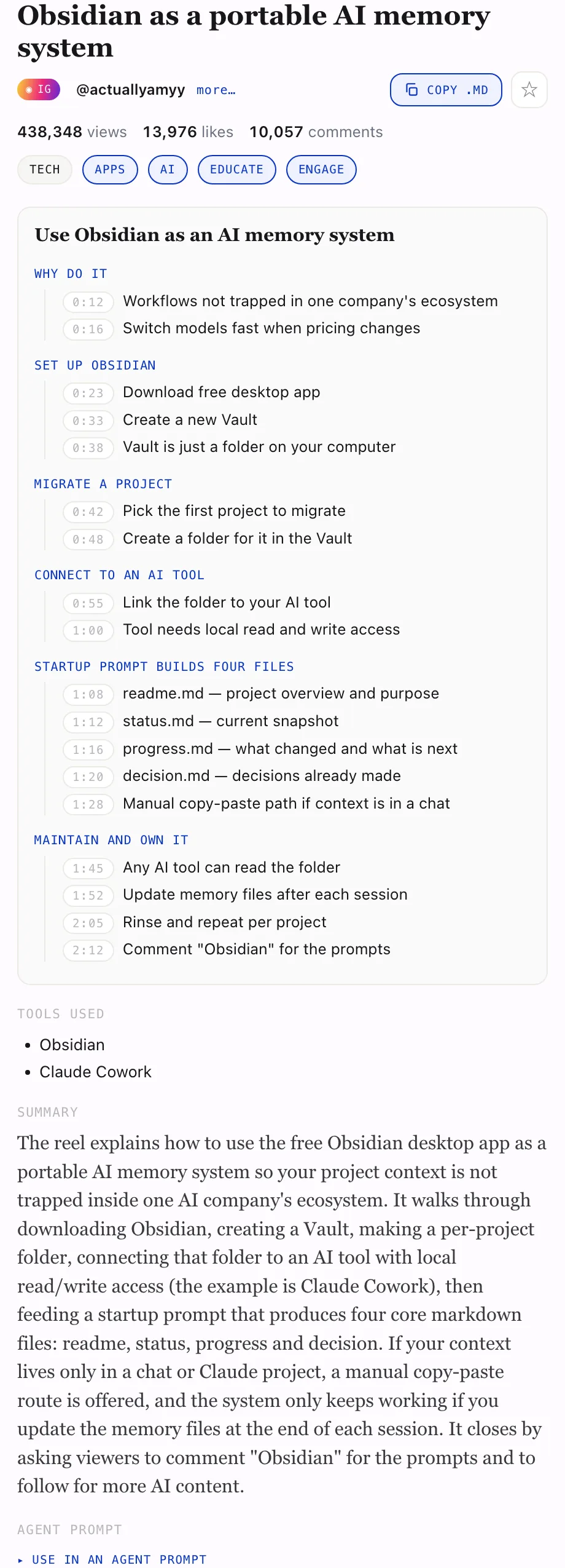 Brief for “Obsidian as a portable AI memory system” with the COPY .MD control, tags and timestamped steps.