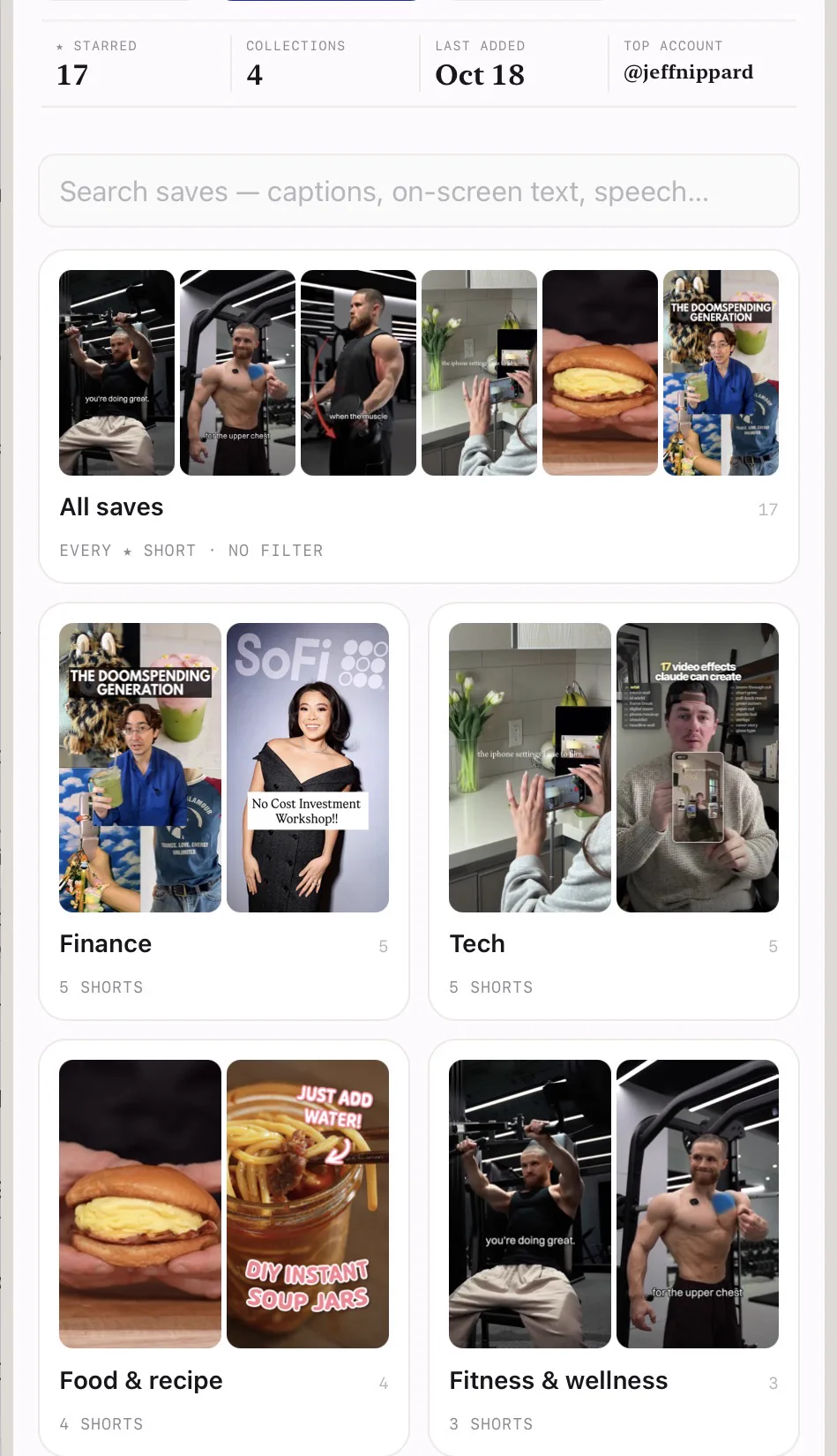 4reelz library: Starred, Collections and Top-account counters above a “Search saves” field and an “All saves” reel row, then Finance, Tech, Food & recipe and Fitness & wellness collection cards