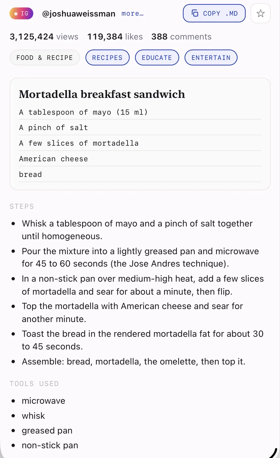 4reelz recipe brief for a @joshuaweissman mortadella breakfast sandwich: the reel header, the ingredients list, the numbered method steps and the tools used