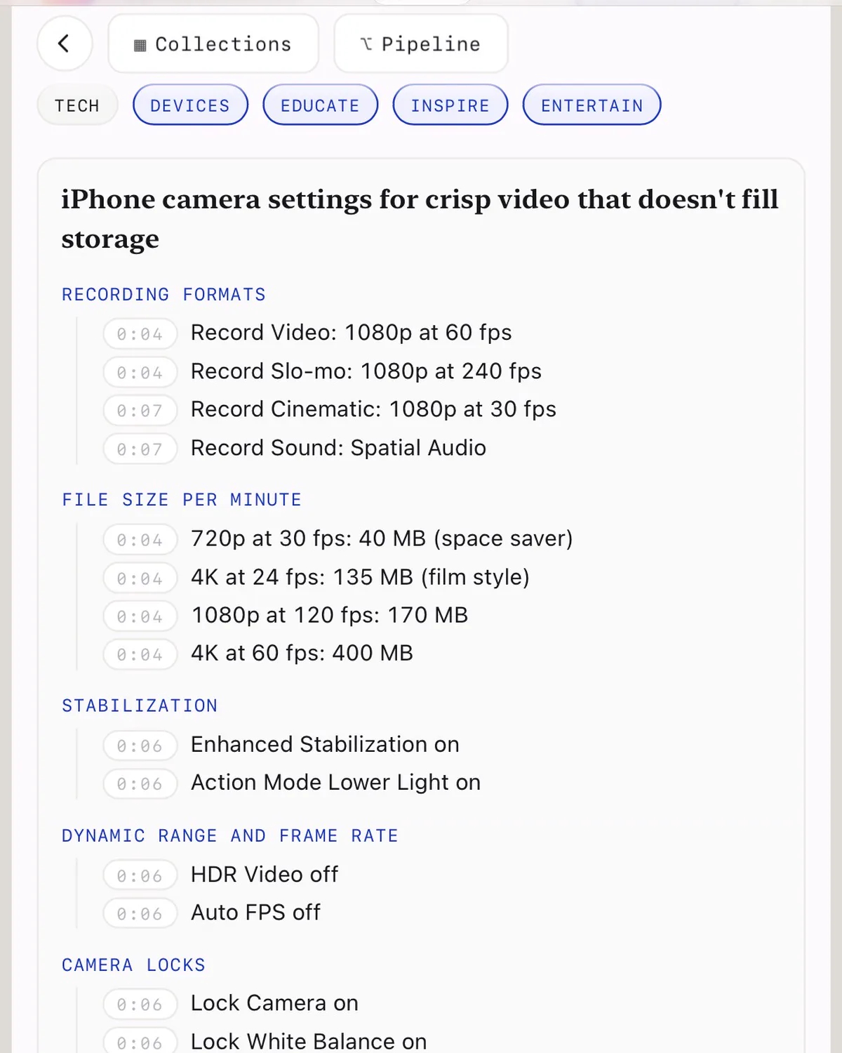 Top of a 4reelz brief for iPhone camera settings that keep video crisp without filling storage: Collections and Pipeline nav, category tabs, then sections for recording formats, file size per minute, stabilization, dynamic range and frame rate, and camera locks