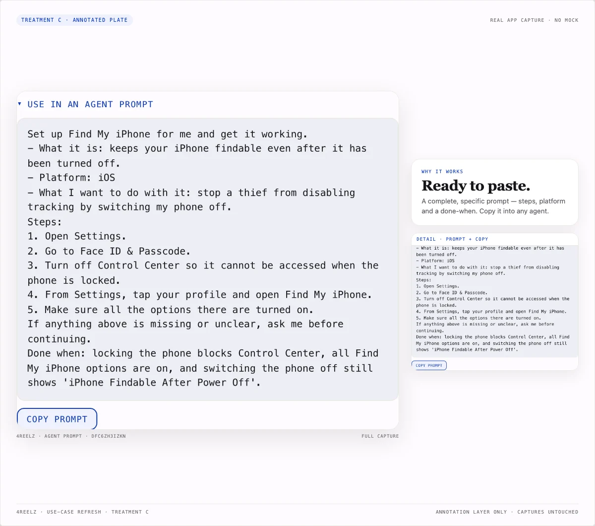 A 4reelz annotated agent prompt: a ready-to-paste Find My iPhone setup prompt with its Copy prompt button and a detail inset